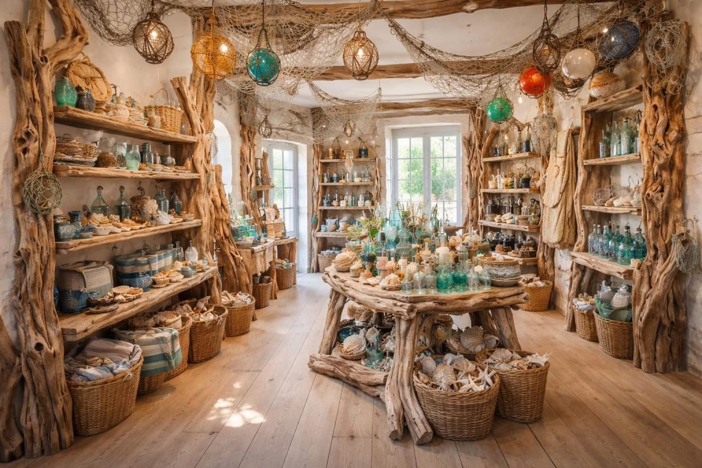 découvrez comment aménager une boutique bretonne avec des présentoirs en bois flotté et une décoration marine authentique pour créer une ambiance chaleureuse et naturelle.