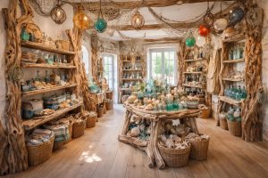découvrez comment aménager une boutique bretonne avec des présentoirs en bois flotté et une décoration marine authentique pour créer une ambiance chaleureuse et naturelle.