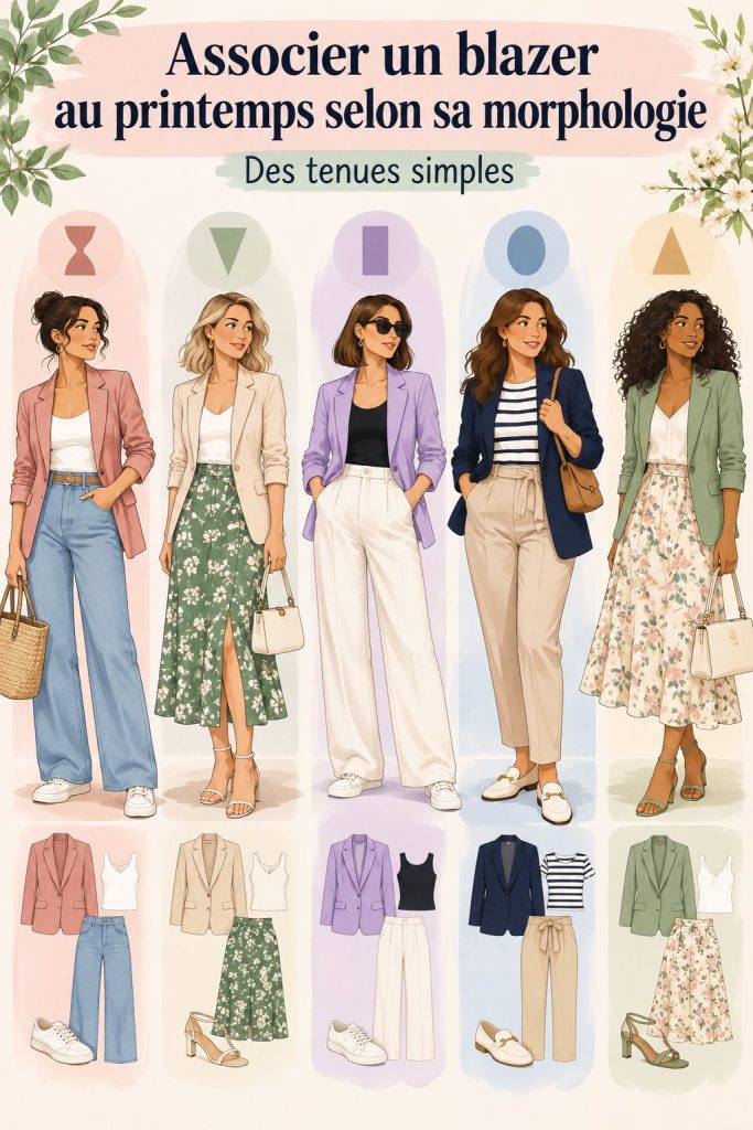 Femme portant un blazer printanier adapté à sa morphologie, style chic et élégant.