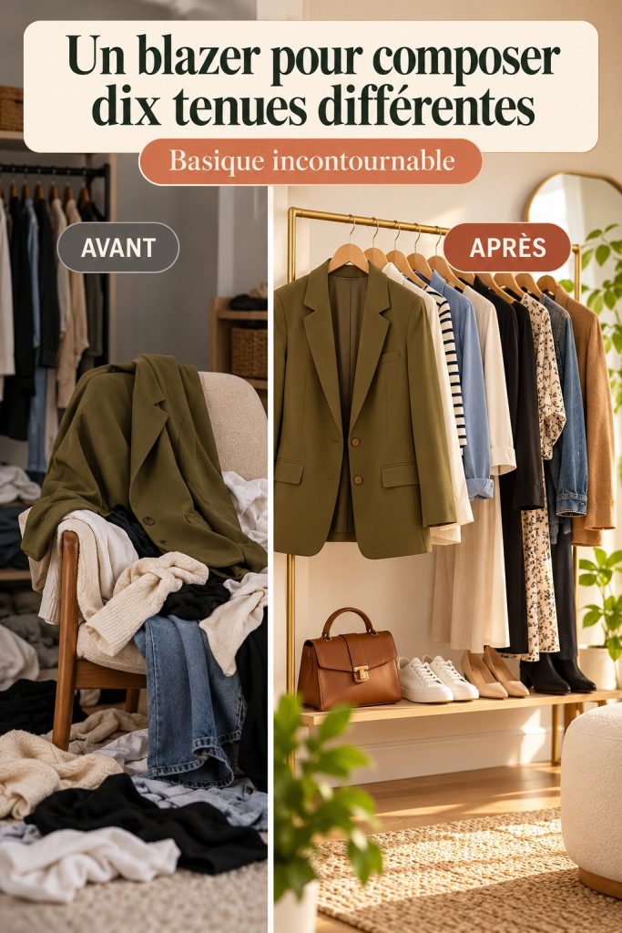 Un blazer noir sur un cintre, symbolisant les tenues polyvalentes