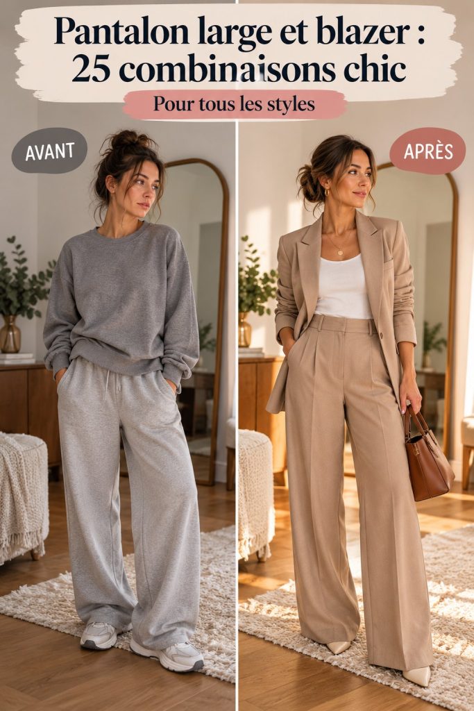 Exemple de combinaison chic d'un blazer et d'un pantalon large pour un look élégant.
