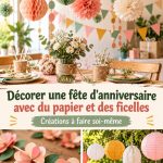 Déco d'anniversaire colorée avec des guirlandes en papier et ficelles.