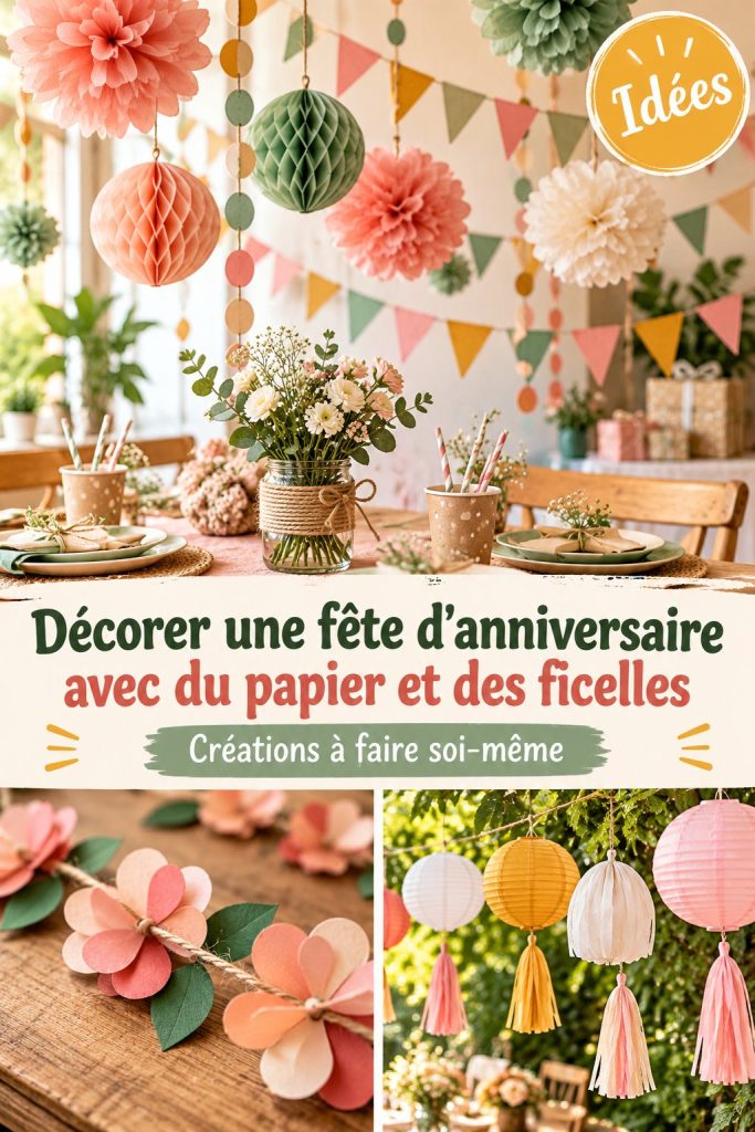 Déco d'anniversaire colorée avec des guirlandes en papier et ficelles.