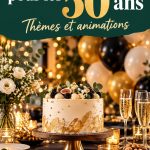 Une magnifique fête d'anniversaire sur le thème des 50 ans, avec des décorations élégantes et des invités souriants.