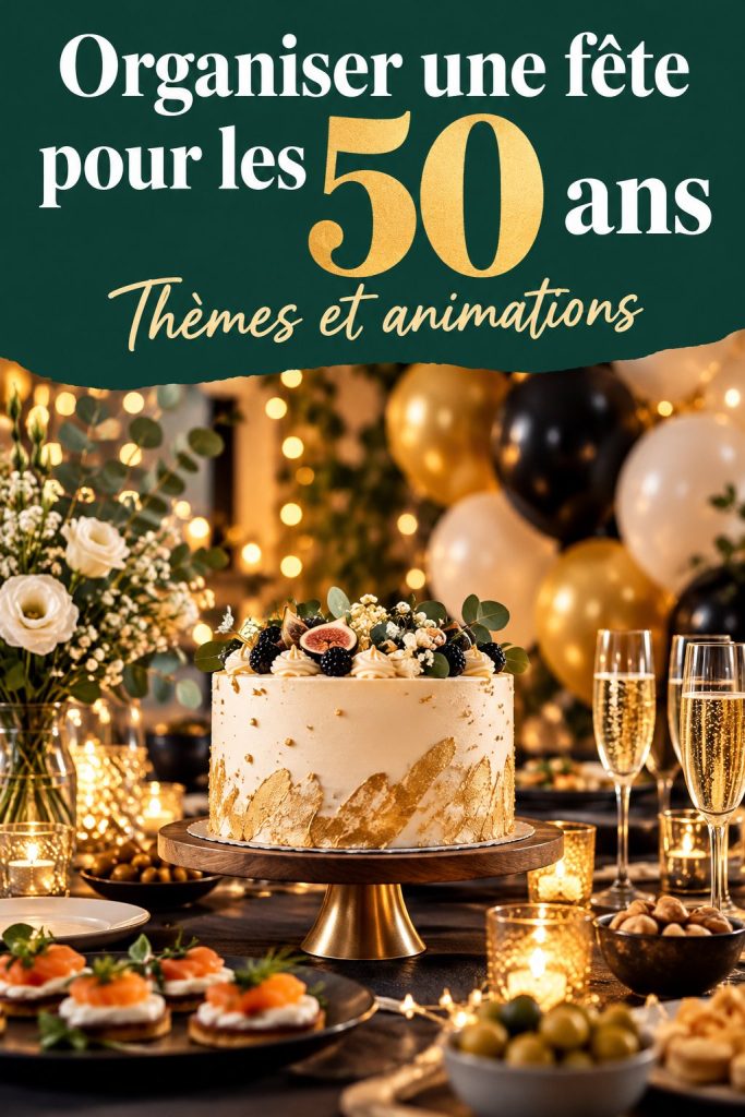 Une magnifique fête d'anniversaire sur le thème des 50 ans, avec des décorations élégantes et des invités souriants.
