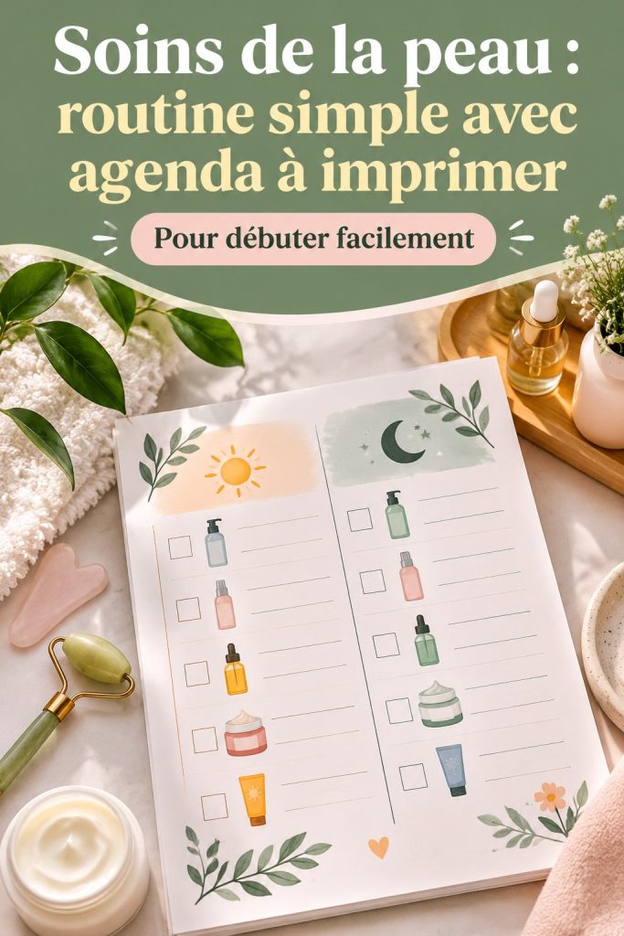Femme utilisant un agenda à imprimer pour sa routine de soins de la peau.