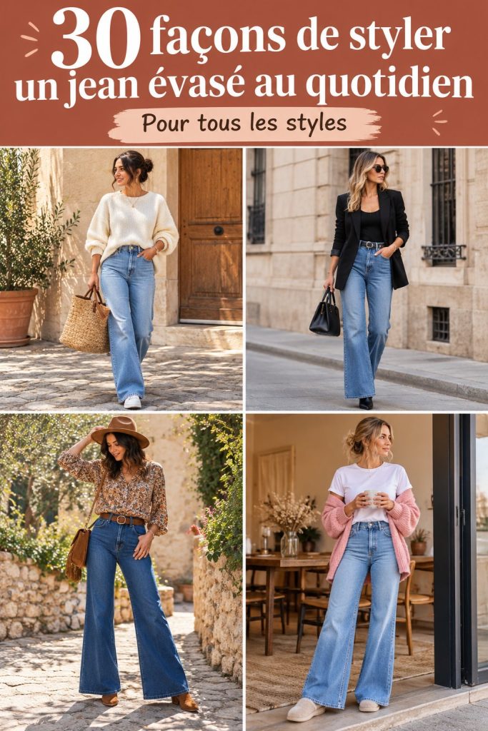 Femme stylée en jean évasé avec un haut décontracté et des baskets