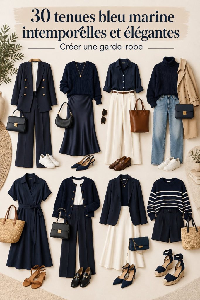 Une variété de tenues bleu marine élégantes, prêtes à être portées pour diverses occasions.